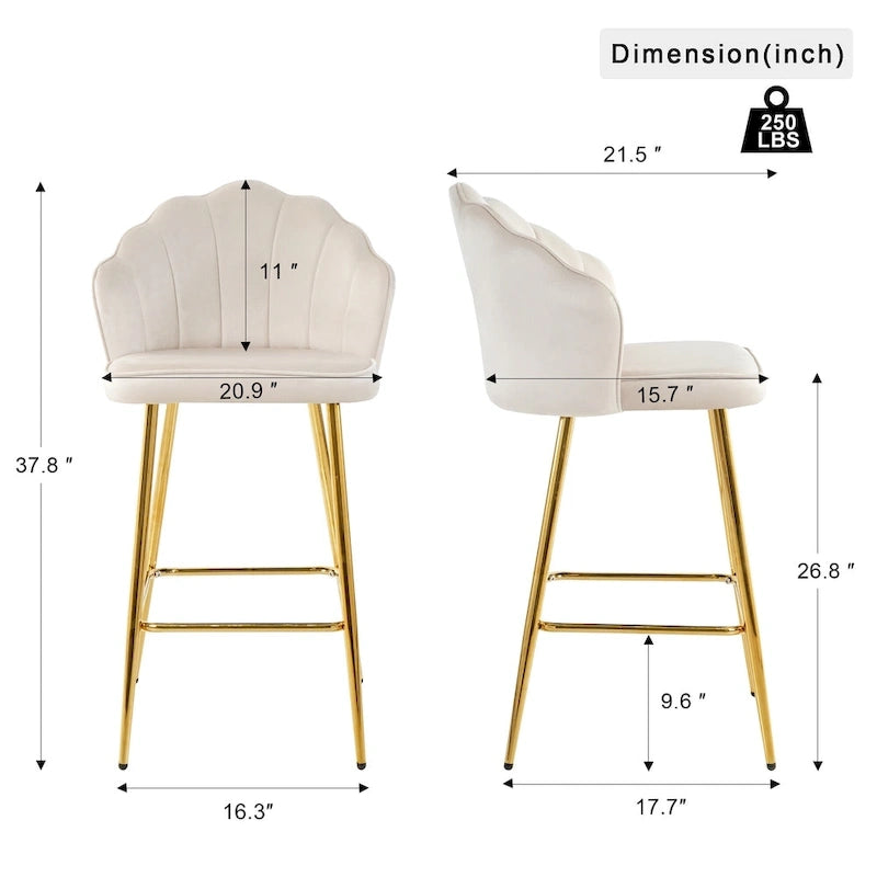 Ensemble de 2 tabourets de bar en velours, hauteur comptoir avec pieds en métal, chaises de cuisine rembourrées avec repose-pieds-24