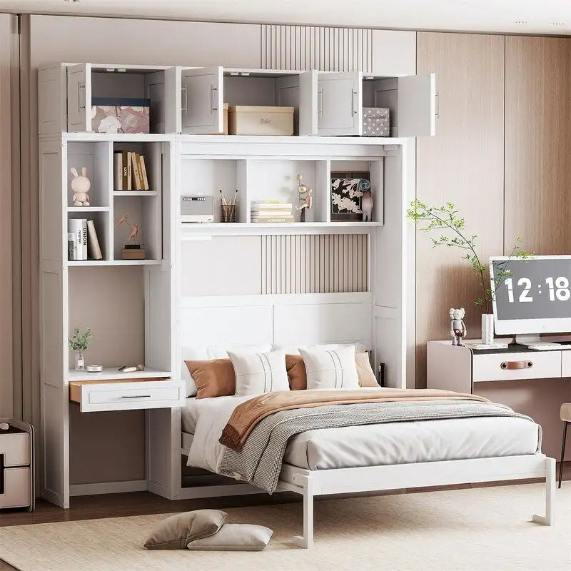 Full/Queen Size Murphy Bed Wall Bed with Desk & Top Cabinet, Folding Murphy Cabinet Bed w/ Storage Shelves, Space Saving Design