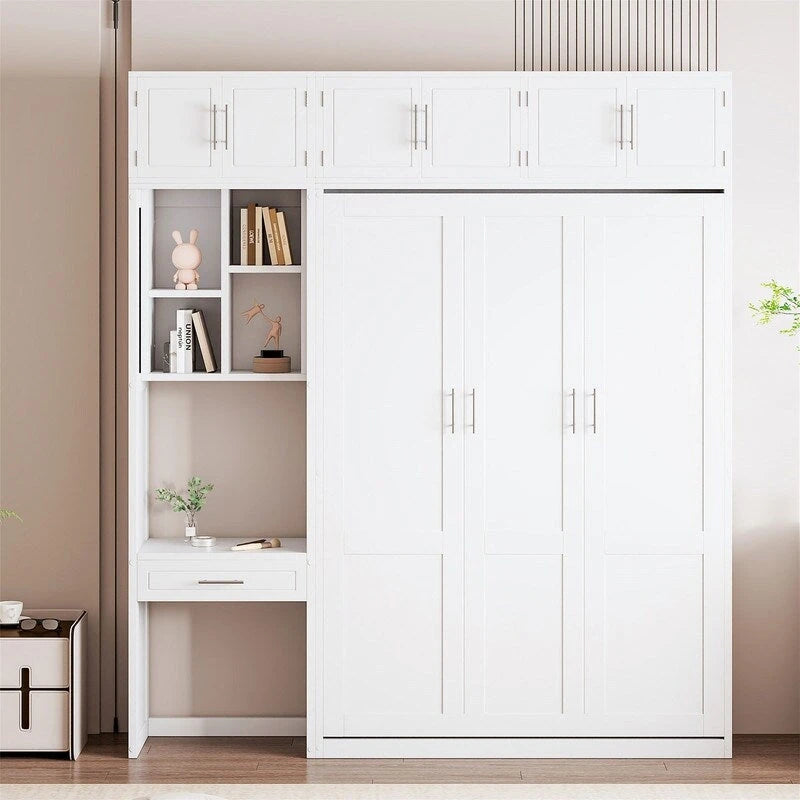 Lit escamotable mural double/queen avec bureau et armoire supérieure, lit pliant escamotable avec étagères de rangement, conception gain de place-2