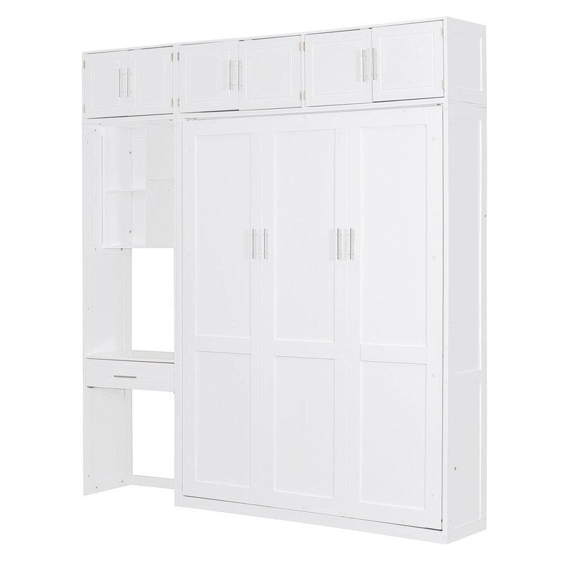 Lit escamotable mural double/queen avec bureau et armoire supérieure, lit pliant escamotable avec étagères de rangement, conception gain de place-5