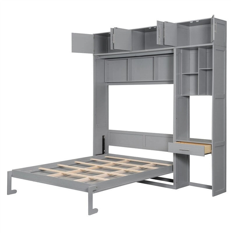 Lit escamotable mural double/queen avec bureau et armoire supérieure, lit pliant escamotable avec étagères de rangement, conception gain de place-10