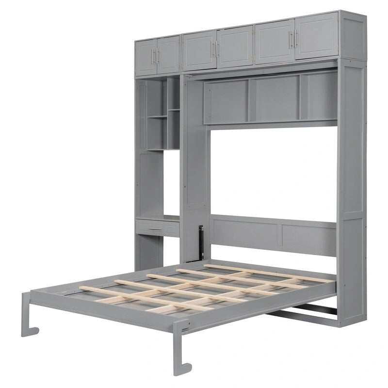 Lit escamotable mural double/queen avec bureau et armoire supérieure, lit pliant escamotable avec étagères de rangement, conception gain de place-11