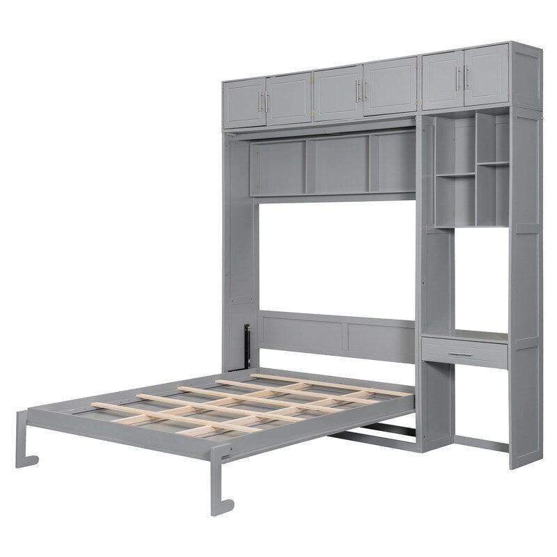 Lit escamotable mural double/queen avec bureau et armoire supérieure, lit pliant escamotable avec étagères de rangement, conception gain de place-12
