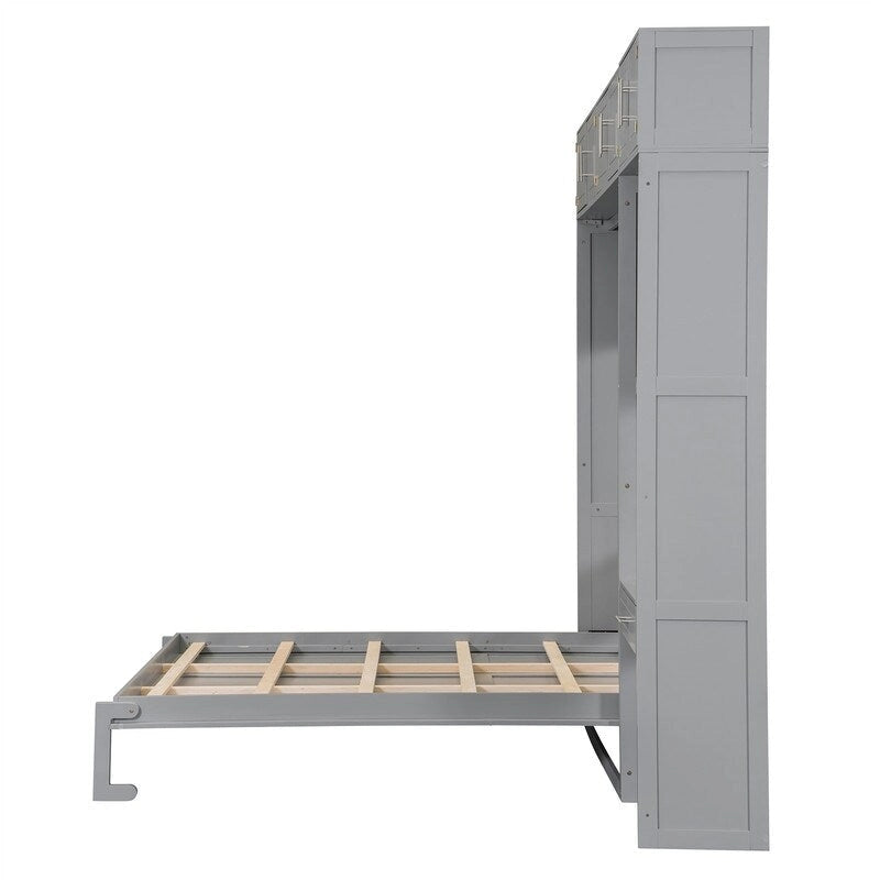 Lit escamotable mural double/queen avec bureau et armoire supérieure, lit pliant escamotable avec étagères de rangement, conception gain de place-17