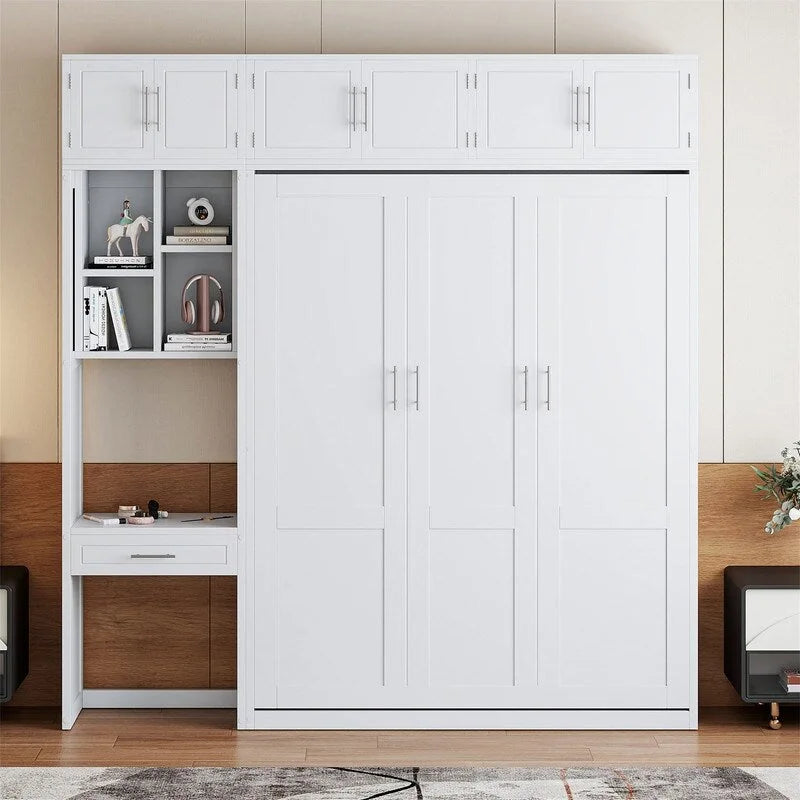 Lit escamotable mural double/queen avec bureau et armoire supérieure, lit pliant escamotable avec étagères de rangement, conception gain de place-22