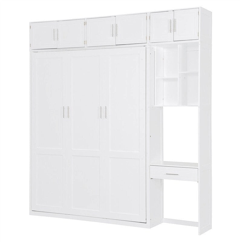 Lit escamotable mural double/queen avec bureau et armoire supérieure, lit pliant escamotable avec étagères de rangement, conception gain de place-26