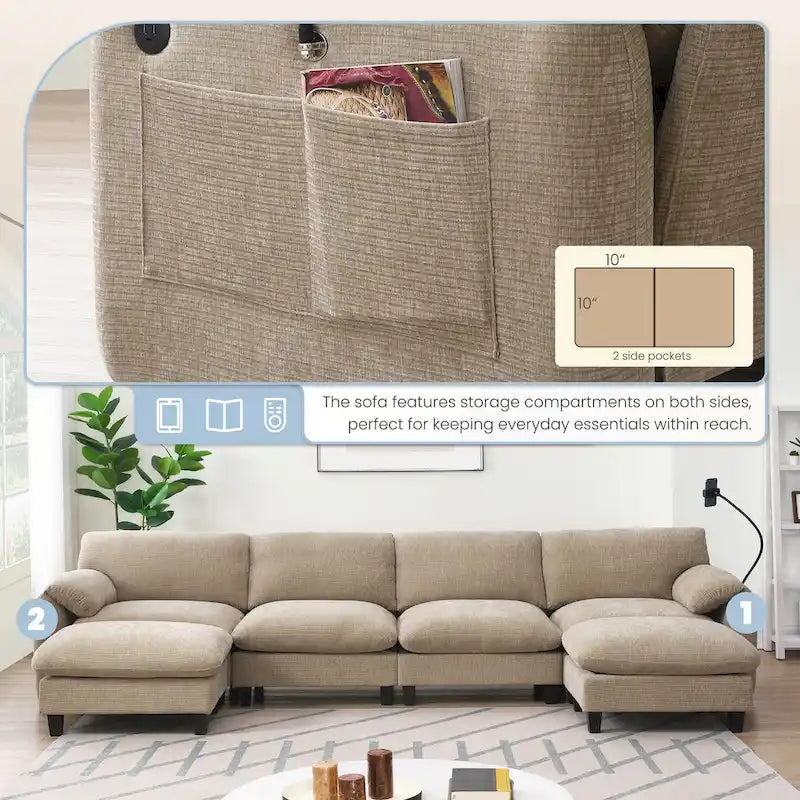 Canapé d'angle en forme de U avec méridienne d'intérieur, chargeur USB et Type-C-23