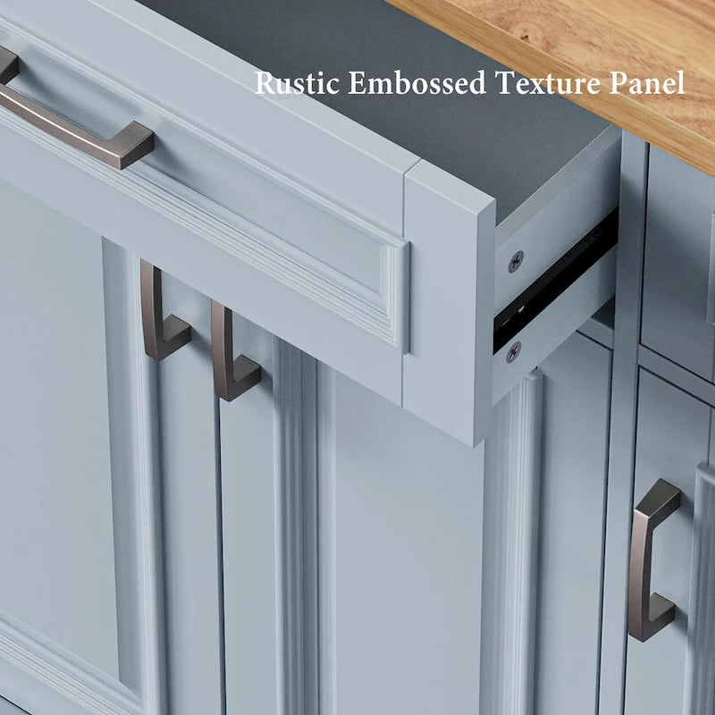 Îlot de cuisine de 137 cm avec abattant en bois d'hévéa, chariot de cuisine roulant à texture gaufrée sur 4 roues avec 4 portes et 3 tiroirs-4