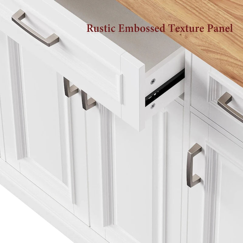 Îlot de cuisine de 137 cm avec abattant en bois d'hévéa, chariot de cuisine roulant à texture gaufrée sur 4 roues avec 4 portes et 3 tiroirs-24