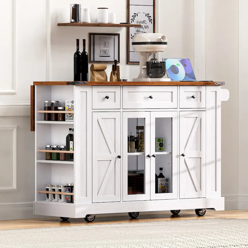 Îlot de cuisine de style campagnard de 53 pouces avec deux portes d'armoire en verre trempé (tabouret non inclus)-3