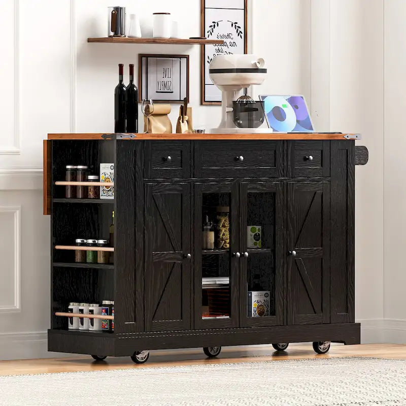 Îlot de cuisine de style campagnard de 53 pouces avec deux portes d'armoire en verre trempé (tabouret non inclus)-6