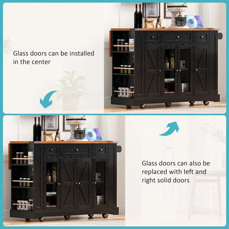 Îlot de cuisine de style campagnard de 53 pouces avec deux portes d'armoire en verre trempé (tabouret non inclus)-9