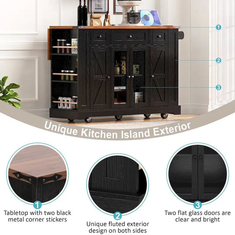 Îlot de cuisine de style campagnard de 53 pouces avec deux portes d'armoire en verre trempé (tabouret non inclus)-10