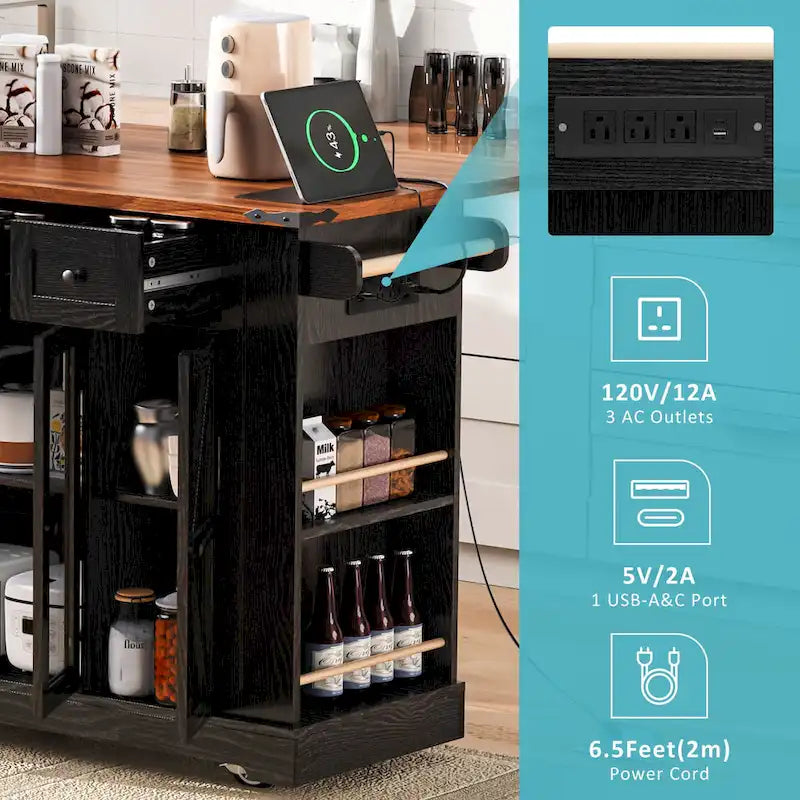 Îlot de cuisine de style campagnard de 53 pouces avec deux portes d'armoire en verre trempé (tabouret non inclus)-13