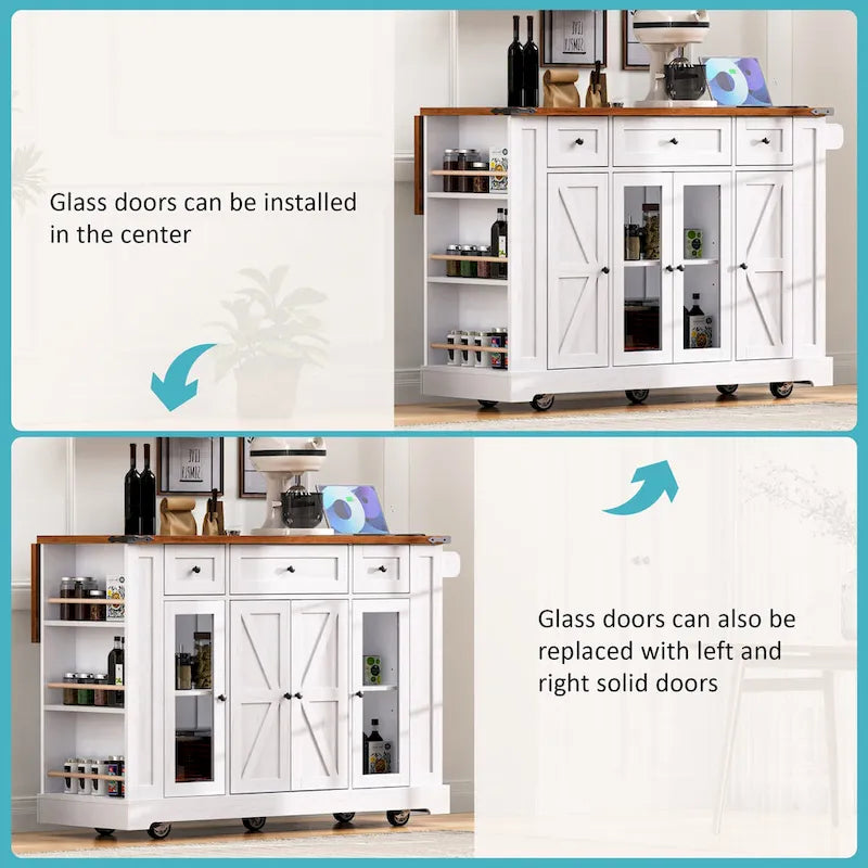 Îlot de cuisine de style campagnard de 53 pouces avec deux portes d'armoire en verre trempé (tabouret non inclus)-20