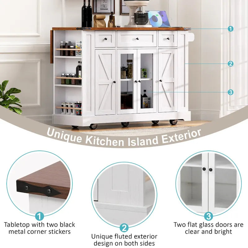 Îlot de cuisine de style campagnard de 53 pouces avec deux portes d'armoire en verre trempé (tabouret non inclus)-21