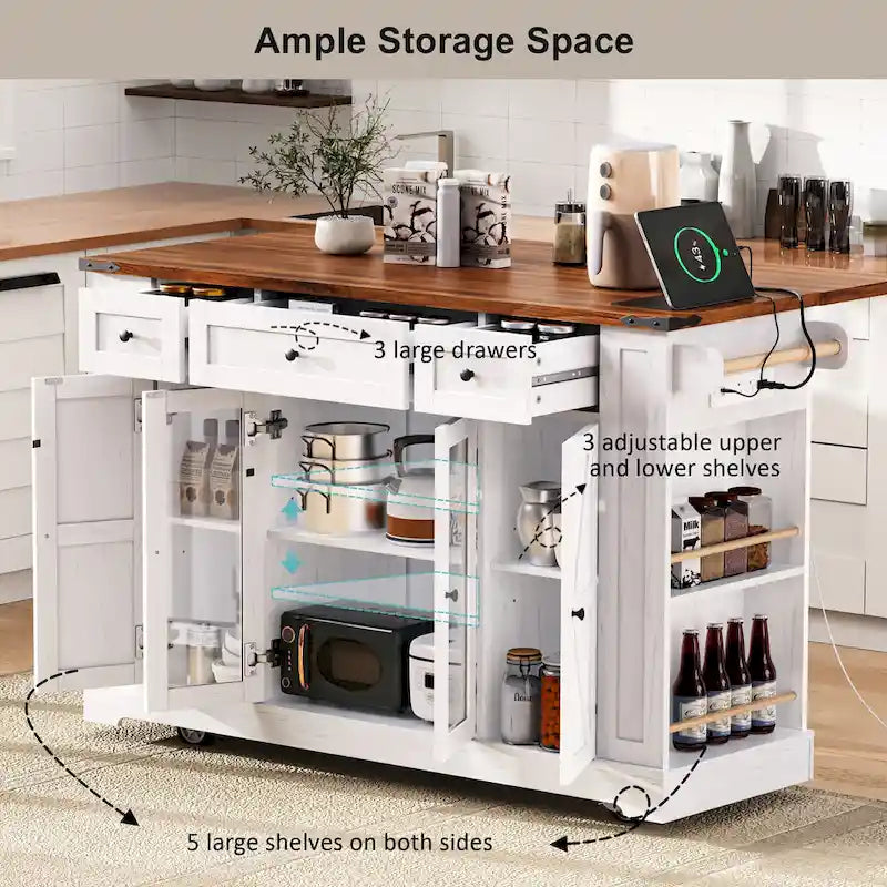 Îlot de cuisine de style campagnard de 53 pouces avec deux portes d'armoire en verre trempé (tabouret non inclus)-22
