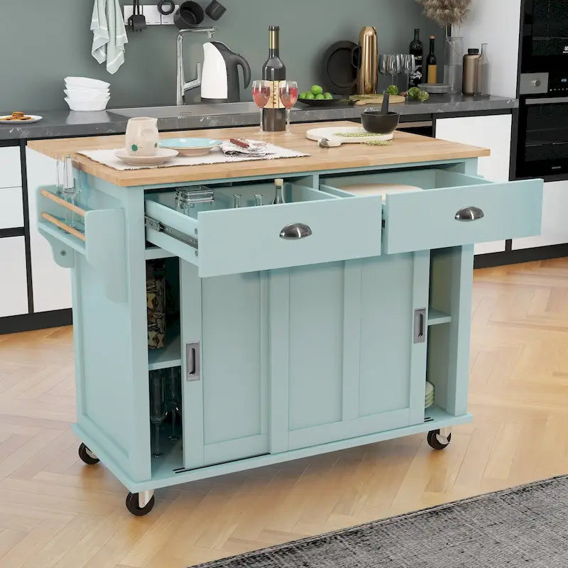 Îlot de cuisine pliant en bois sur roulettes avec étagère réglable, armoire de rangement et 2 tiroirs, porte coulissante de style grange dissimulée-30