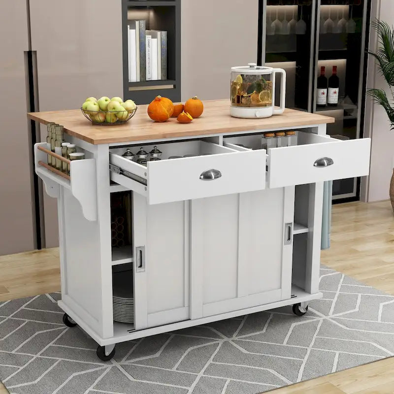 Îlot de cuisine pliant en bois sur roulettes avec étagère réglable, armoire de rangement et 2 tiroirs, porte coulissante de style grange dissimulée-31