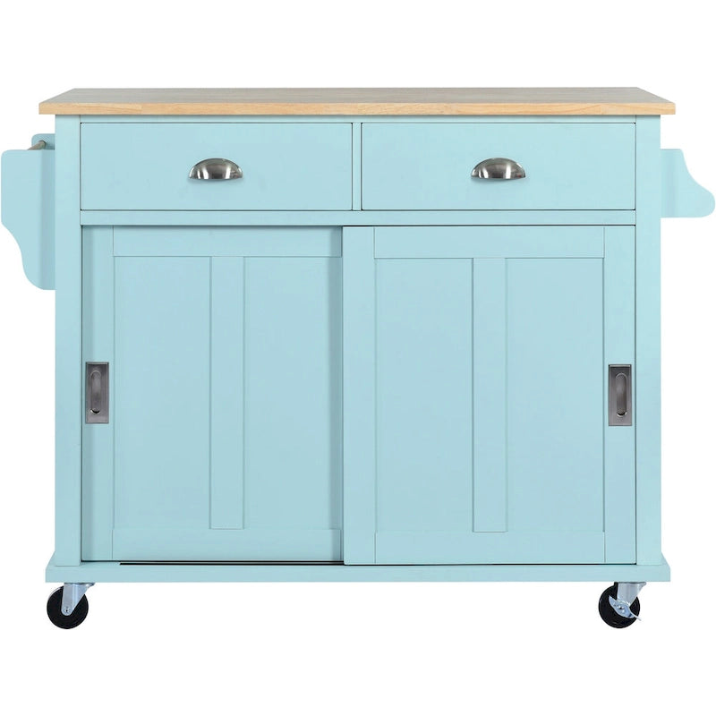 Îlot de cuisine pliant en bois sur roulettes avec étagère réglable, armoire de rangement et 2 tiroirs, porte coulissante de style grange dissimulée-4