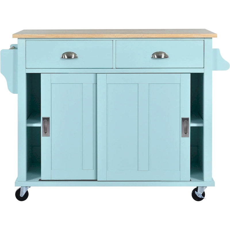 Îlot de cuisine pliant en bois sur roulettes avec étagère réglable, armoire de rangement et 2 tiroirs, porte coulissante de style grange dissimulée-9