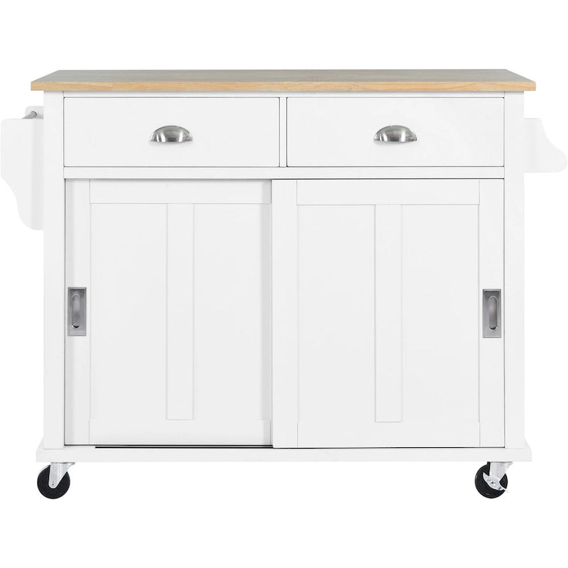 Îlot de cuisine pliant en bois sur roulettes avec étagère réglable, armoire de rangement et 2 tiroirs, porte coulissante de style grange dissimulée-24