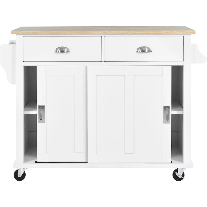 Îlot de cuisine pliant en bois sur roulettes avec étagère réglable, armoire de rangement et 2 tiroirs, porte coulissante de style grange dissimulée-29