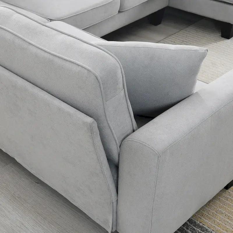 Canapé d'angle 7 places spacieux en forme de U, gris 108, avec 3 coussins et méridienne, idéal pour un salon ou un appartement.-17