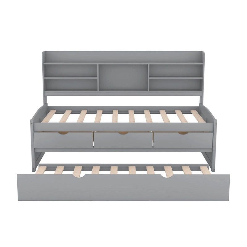 Lit capitaine double en pin avec étagères, tiroirs et lit gigogne-5