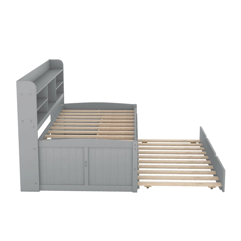 Lit capitaine double en pin avec étagères, tiroirs et lit gigogne-13