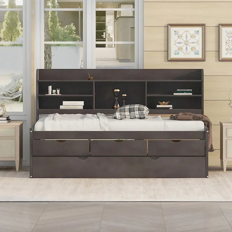 Lit capitaine double en pin avec étagères, tiroirs et lit gigogne-31