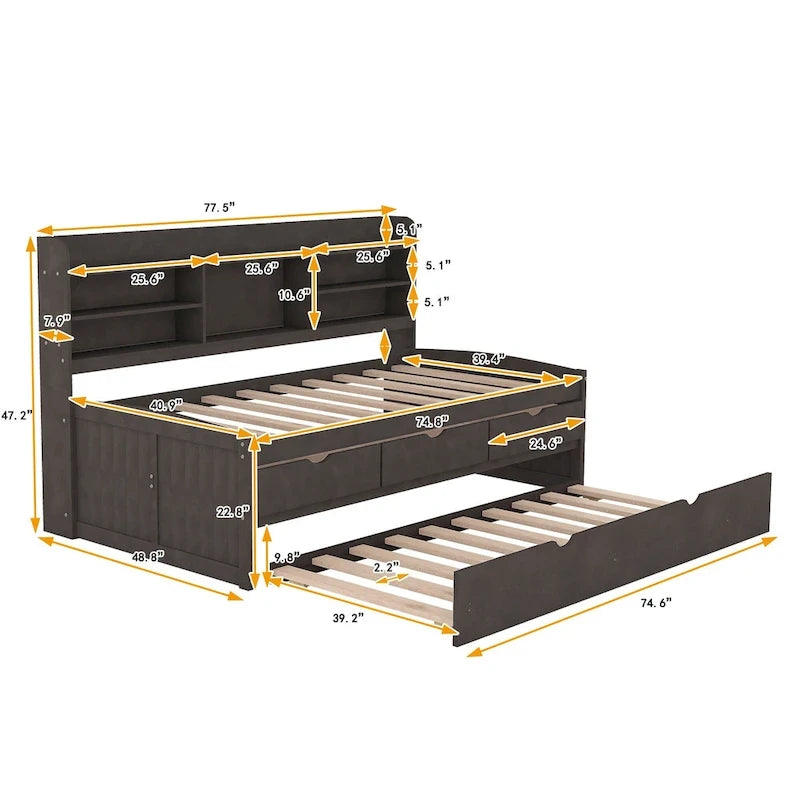 Lit capitaine double en pin avec étagères, tiroirs et lit gigogne-32