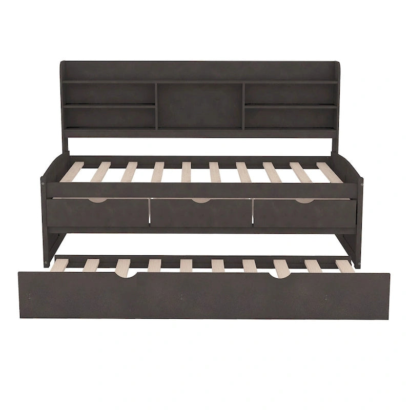 Lit capitaine double en pin avec étagères, tiroirs et lit gigogne-34