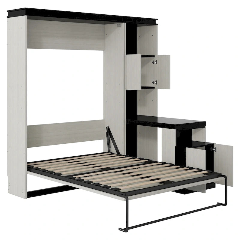 Lit rembourré noir et blanc, taille standard, avec tête de lit et toboggan en forme de cochon.-4