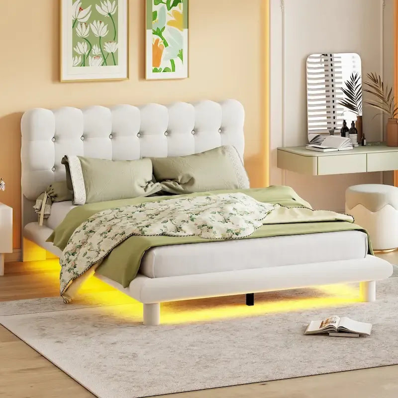 Cadre de lit plateforme en velours Queen Size avec éclairage LED et tête de lit couleur biscuit-31