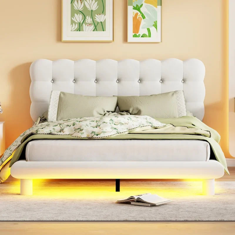 Cadre de lit plateforme en velours Queen Size avec éclairage LED et tête de lit couleur biscuit