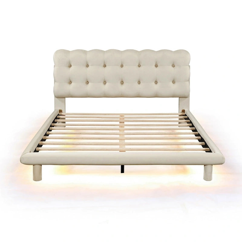 Cadre de lit plateforme en velours Queen Size avec éclairage LED et tête de lit couleur biscuit-3