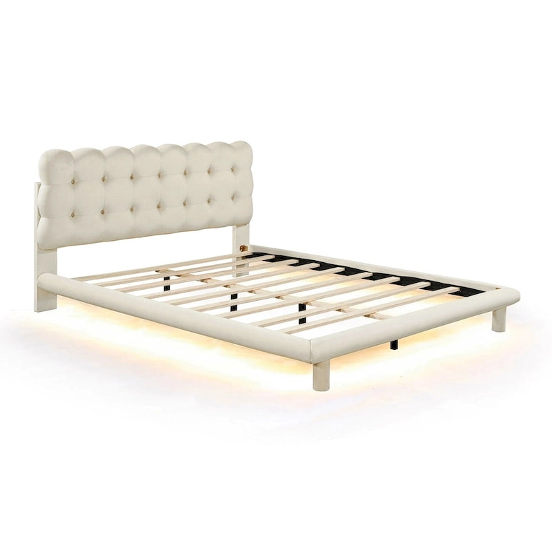 Cadre de lit plateforme en velours Queen Size avec éclairage LED et tête de lit couleur biscuit-4