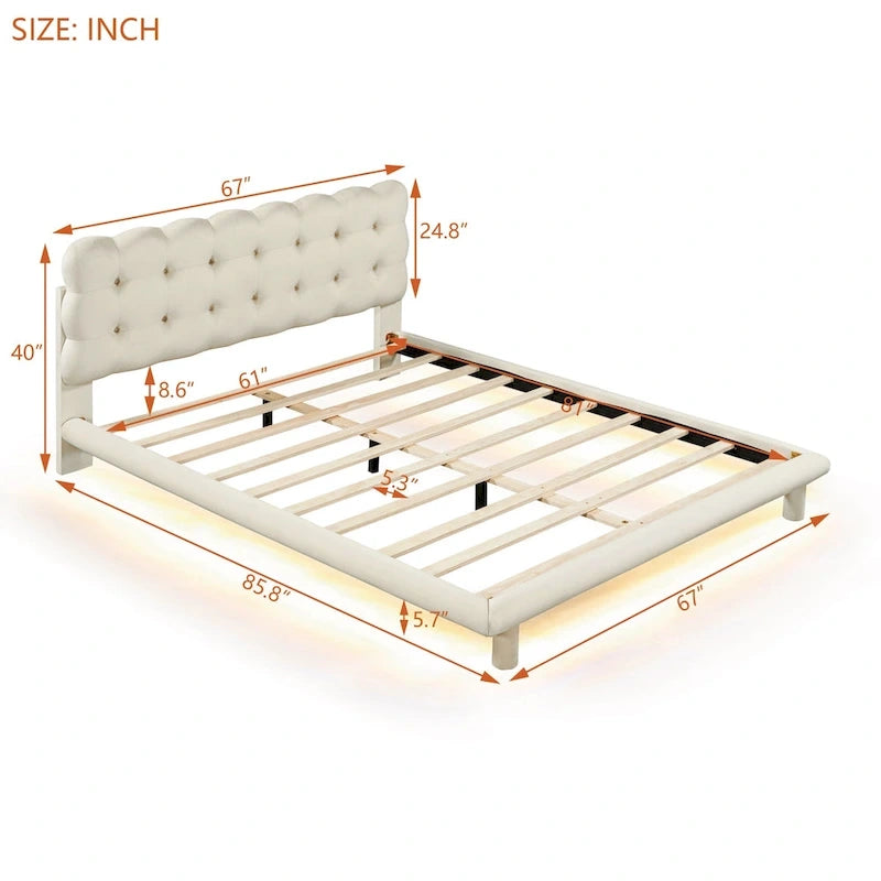 Cadre de lit plateforme en velours Queen Size avec éclairage LED et tête de lit couleur biscuit-5