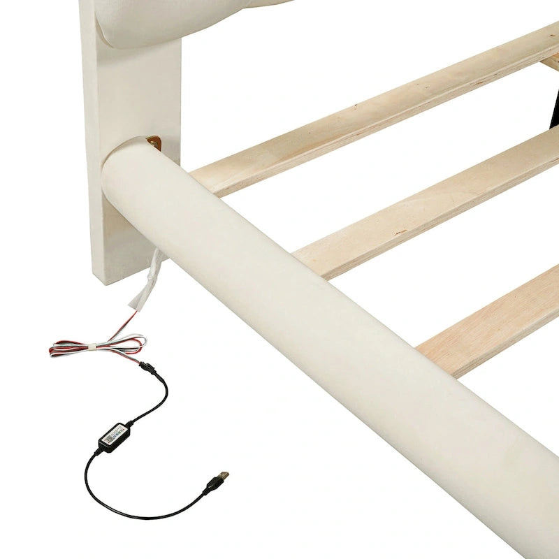 Cadre de lit plateforme en velours Queen Size avec éclairage LED et tête de lit couleur biscuit-15
