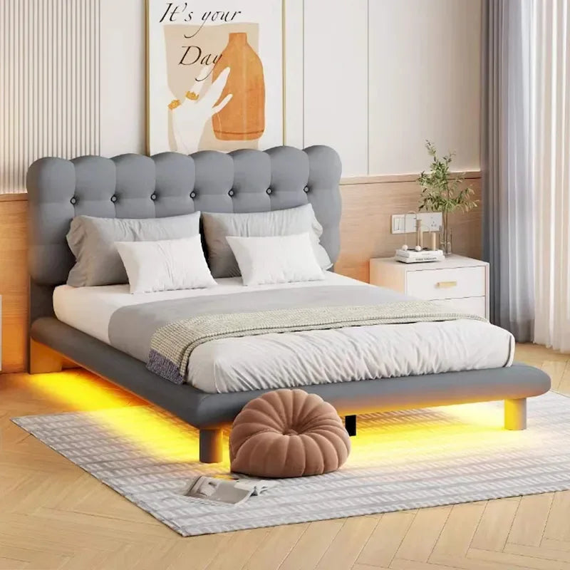Cadre de lit plateforme en velours Queen Size avec éclairage LED et tête de lit couleur biscuit-17
