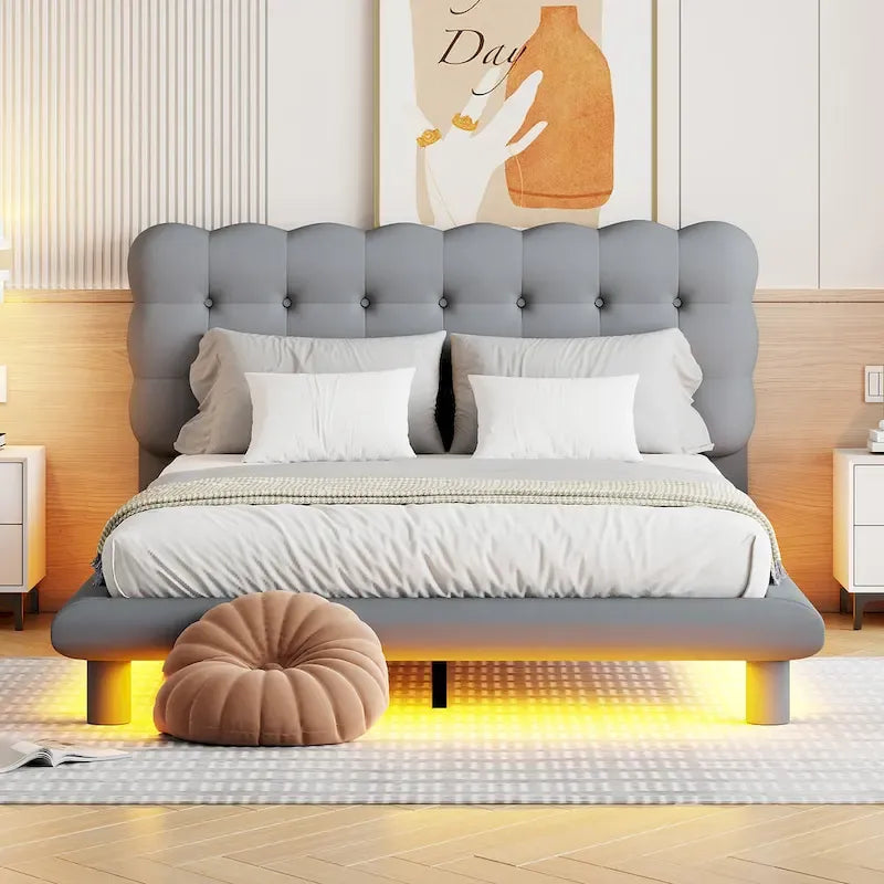 Cadre de lit plateforme en velours Queen Size avec éclairage LED et tête de lit couleur biscuit-18