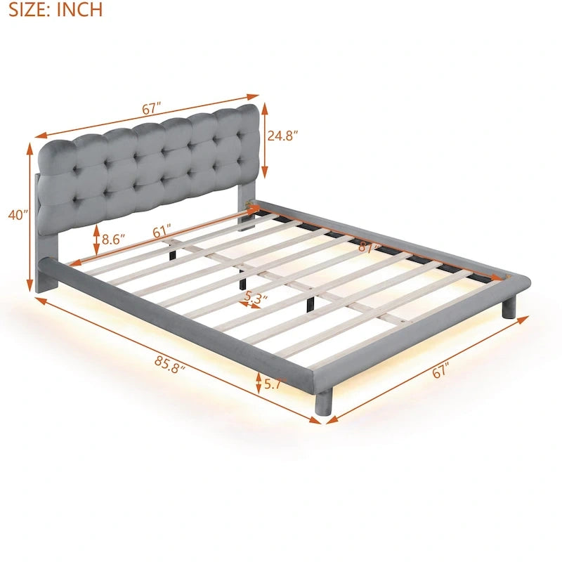Cadre de lit plateforme en velours Queen Size avec éclairage LED et tête de lit couleur biscuit-21