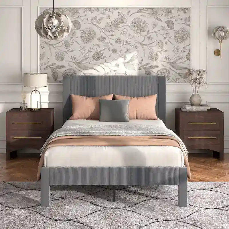 Lit plateforme moderne Alyssa de Furniture of America, recouvert de velours, avec tête de lit capitonnée et sommier à lattes en bois-8