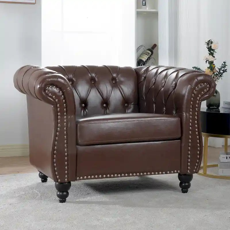 Fauteuil-canapé surdimensionné en similicuir marron capitonné - 32,09 x 38,98 x 28,35-2