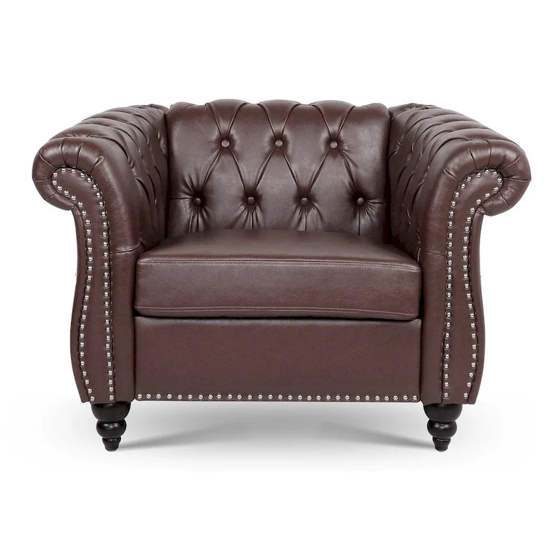 Fauteuil-canapé surdimensionné en similicuir marron capitonné - 32,09 x 38,98 x 28,35-3