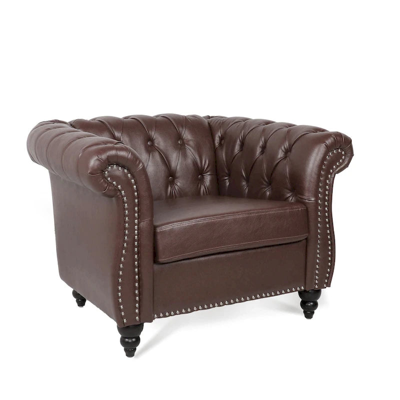 Fauteuil-canapé surdimensionné en similicuir marron capitonné - 32,09 x 38,98 x 28,35-4
