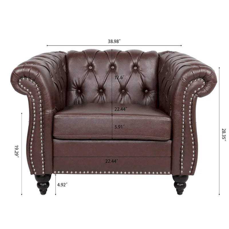 Fauteuil-canapé surdimensionné en similicuir marron capitonné - 32,09 x 38,98 x 28,35-9