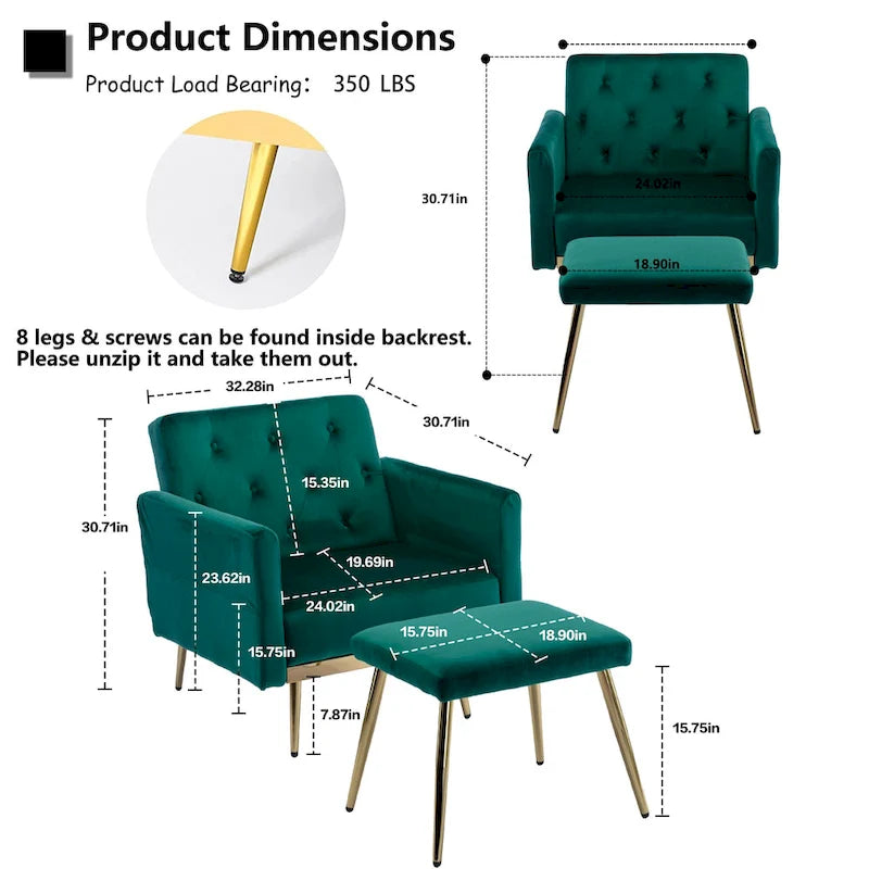 Fauteuil HOMEFUN en velours capitonné avec accoudoirs et dossier réglables et repose-pieds-7