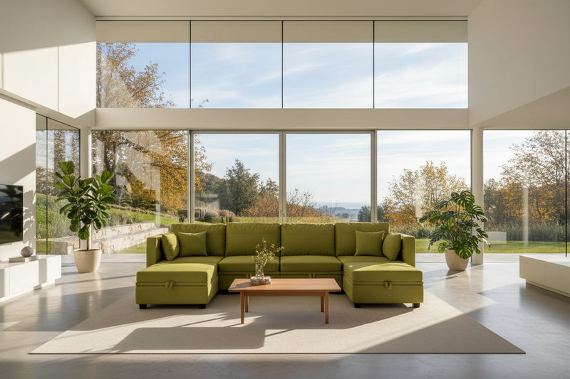 Modular U-shaped adjustable sectional sofa with reversible chains and storage seats